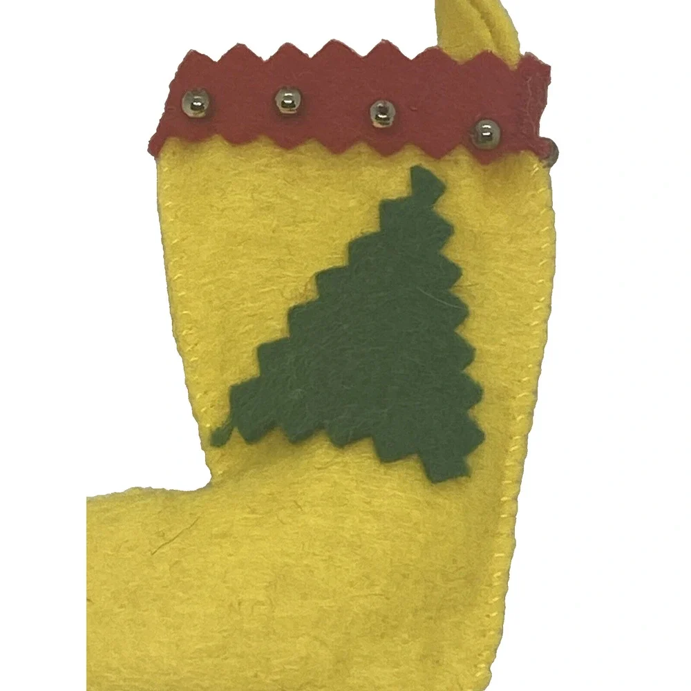Vintage Christmas Stocking 3 1/2” Felt Yellow Red Green Beads Tree Holiday Gift